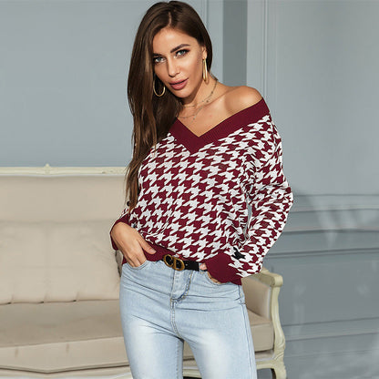 Damen Pullover V-Ausschnitt Hahnentrittmuster Eveloria