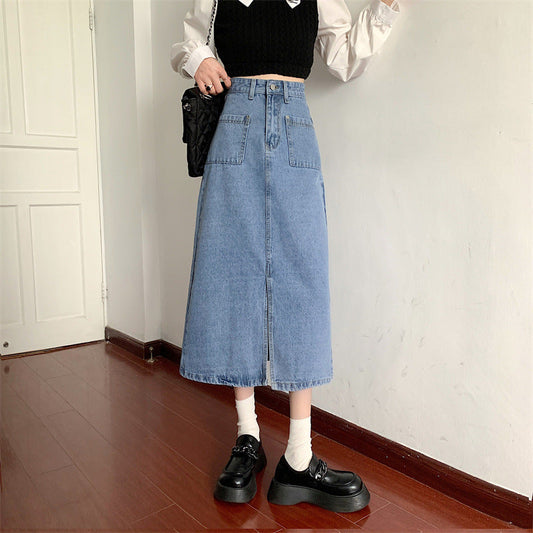 Damen Denim-Rock Lang Mit Taschen Blau Eveloria - Eveloria