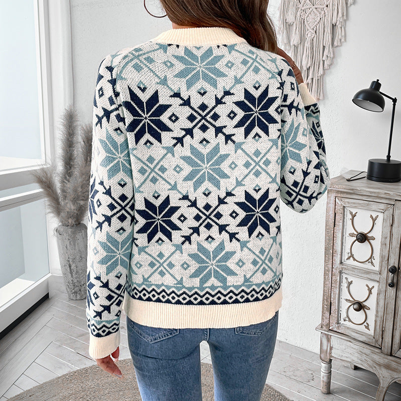 Damen Strickpullover Rundhalsausschnitt Wintermuster Eveloria