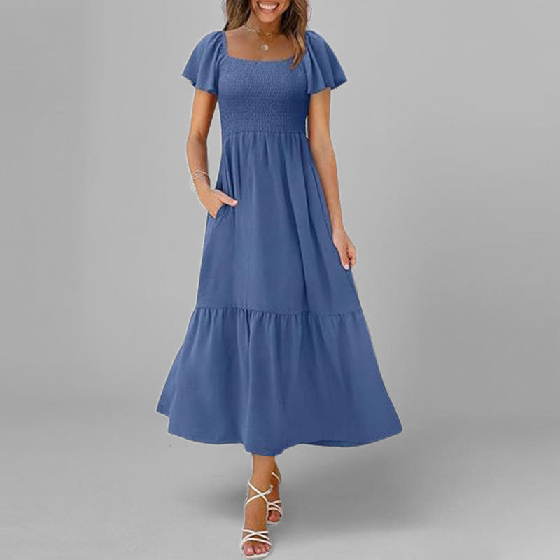 Damen Maxikleid Quadrat-Ausschnitt Voluminöse Ärmel Eveloria