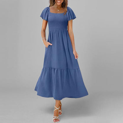 Damen Maxikleid Quadrat-Ausschnitt Voluminöse Ärmel Eveloria