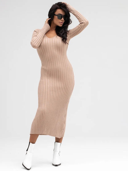 Damen Strickkleid V-Ausschnitt Rippenstruktur Eveloria
