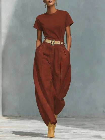 Damen Bundfaltenhose Locker Passform Verstellbarer Gürtel