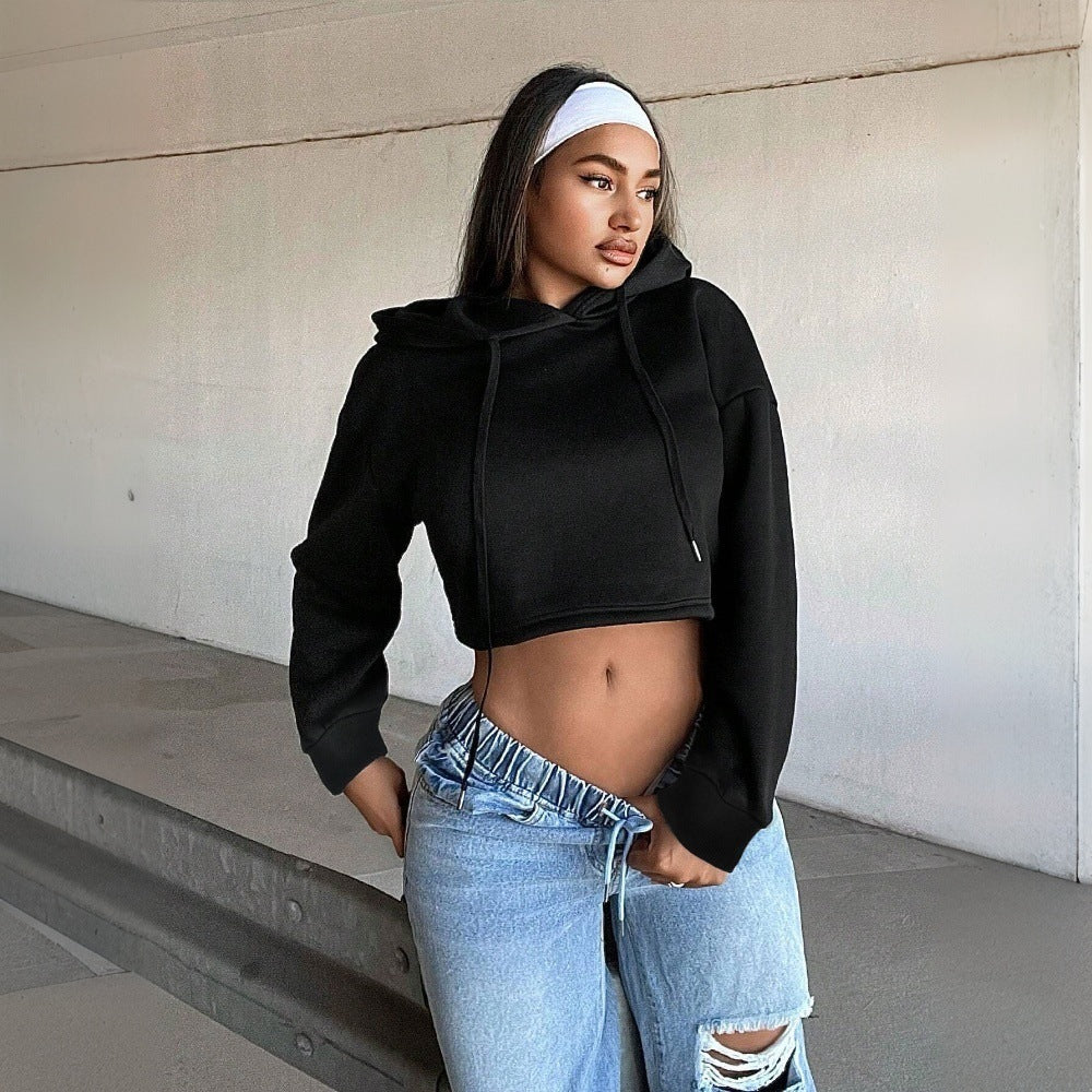 Damen Cropped Sweatshirt Locker Kapuze Grau Eveloria