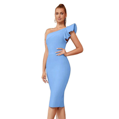 Damen Cocktailkleid Asymmetrischer Rüschenärmel Eleganter Schnitt