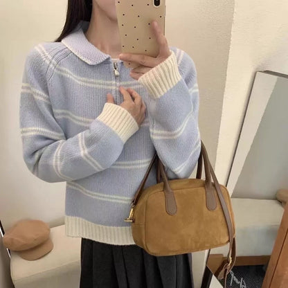 Damen Pullover Gemustert Stehkragen Kontrastdetails Eveloria