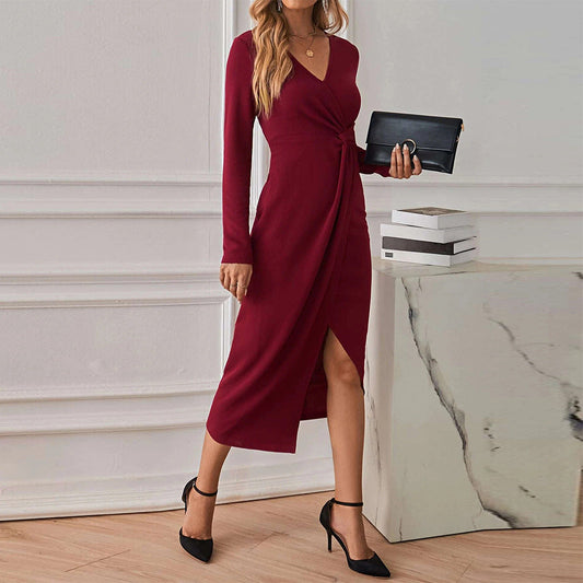 Damen Midikleid Eingedrehter Bund Tiefes Dekolleté Schwarz Eveloria - Eveloria