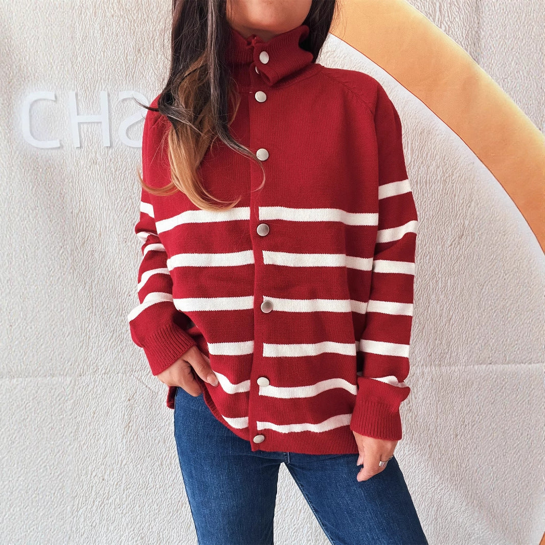 Damen Strickcardigan Gestreift Kapuze Knöpfe