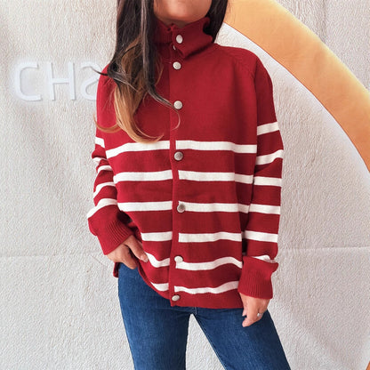 Damen Strickcardigan Gestreift Kapuze Knöpfe