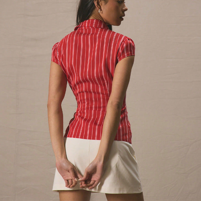 Damen Bluse Kurzarm Streifen Klassische Knopfleisten Eveloria