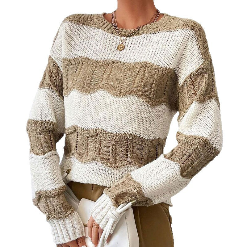 Damen Strickpullover Lässig Wellenmuster Langer Ärmel Beige
