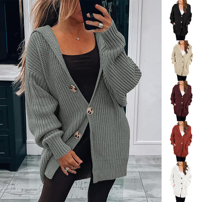 Damen Oversize Strickjacke Grobstrick Weich Holzknöpfe Beige