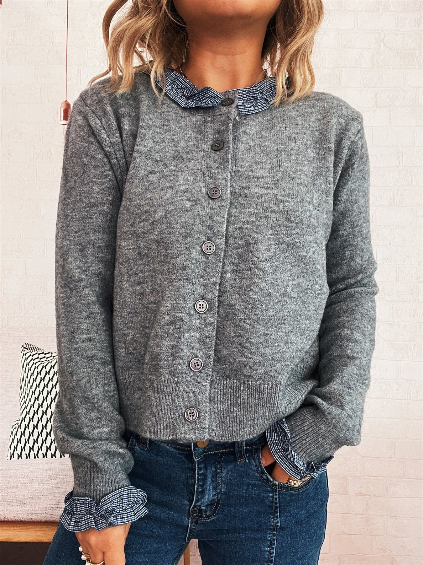 Damen Strickjacke Kontrastkragen Eveloria