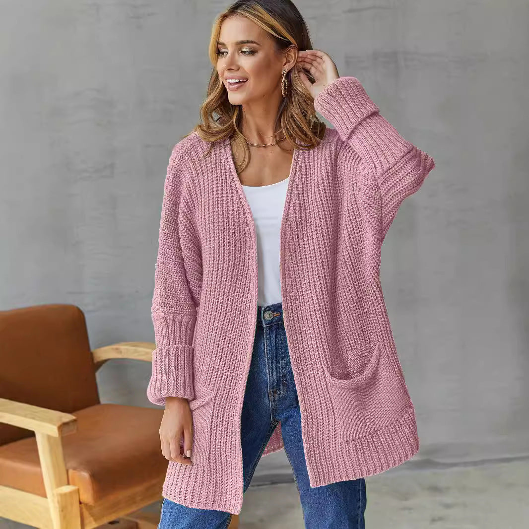 Damen Strickjacke Offene Front Große Taschen Eveloria