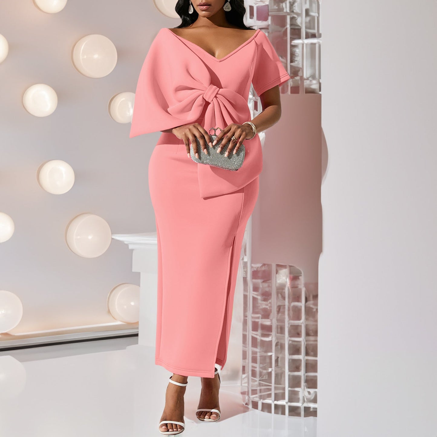 Damen Kleid Figurbetont Voluminöser Schleifen-Detail