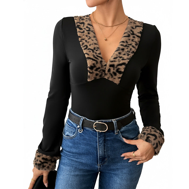 Damen Body Leichtes Leopardenmuster V-Ausschnitt