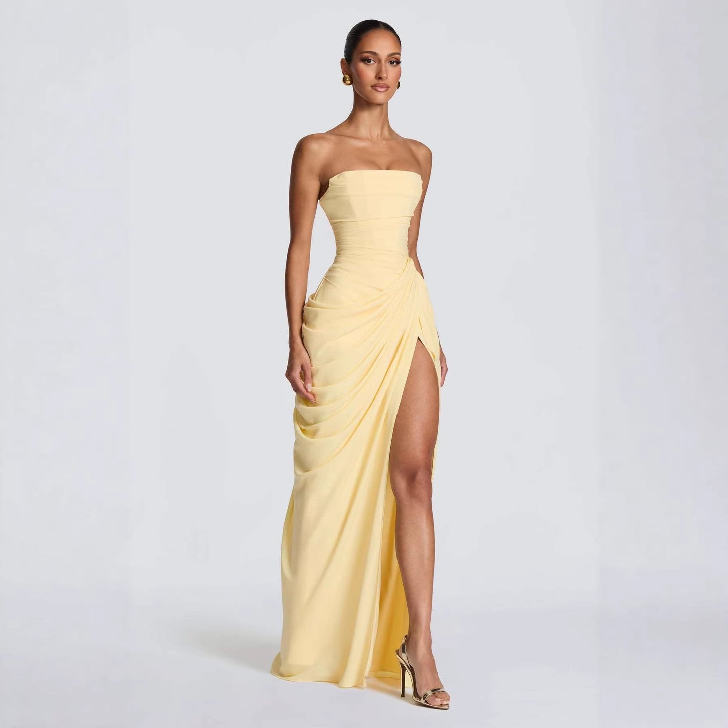 Damen Abendkleid Langarm Asymmetrisch Schlitz Eveloria