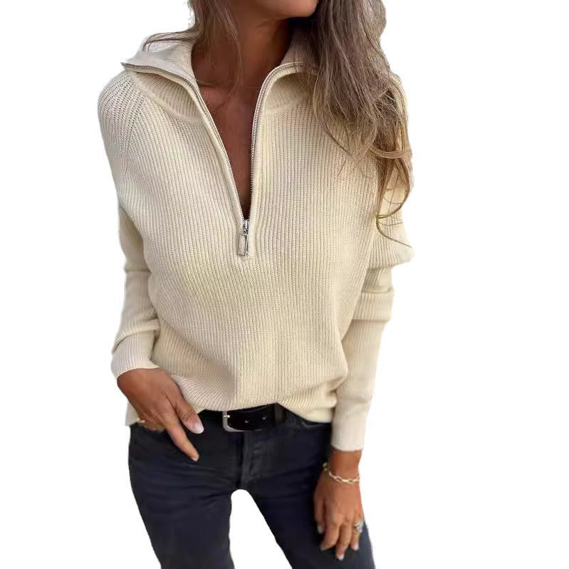 Damen Strickpullover Rippstruktur Halbzipper Eveloria
