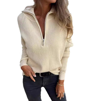 Damen Strickpullover Rippstruktur Halbzipper Eveloria
