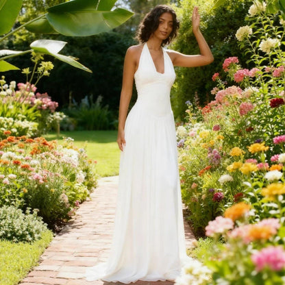 Damen Maxi-Kleid Neckholder Design Fließend Eveloria