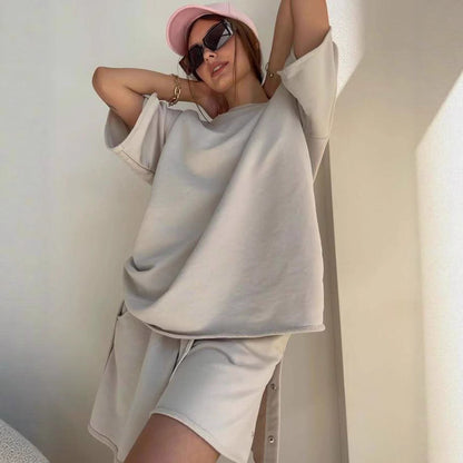 Damen Sommer-Set aus Shorts und Oberteil mit Taschen Beige