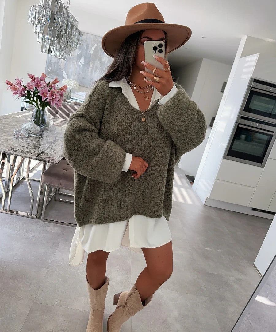 Damen Oversized Pullover Weich Voluminöse Ärmel Beige Eveloria