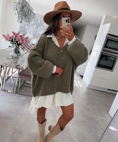 Damen Oversized Pullover Weich Voluminöse Ärmel Beige Eveloria
