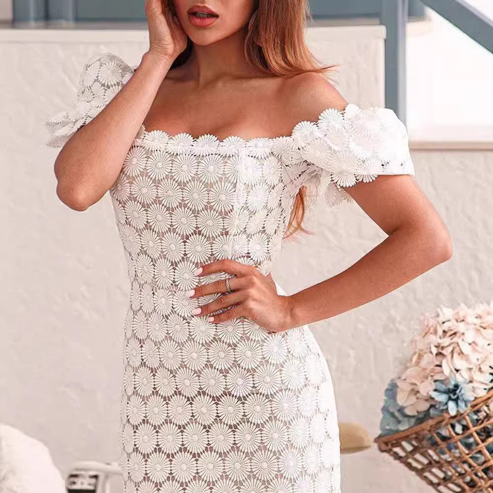 Damen Spitzenkleid mit floralem Muster und Volumenärmeln