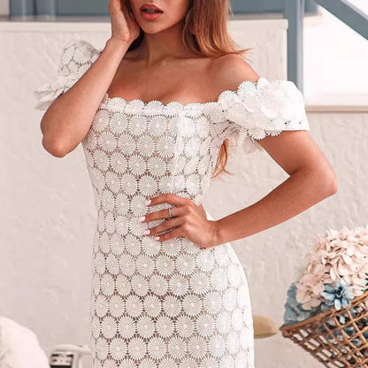 Damen Spitzenkleid mit floralem Muster und Volumenärmeln