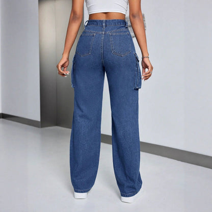 Damen Cargo-Jeans Hochbund Seitentaschen Eveloria