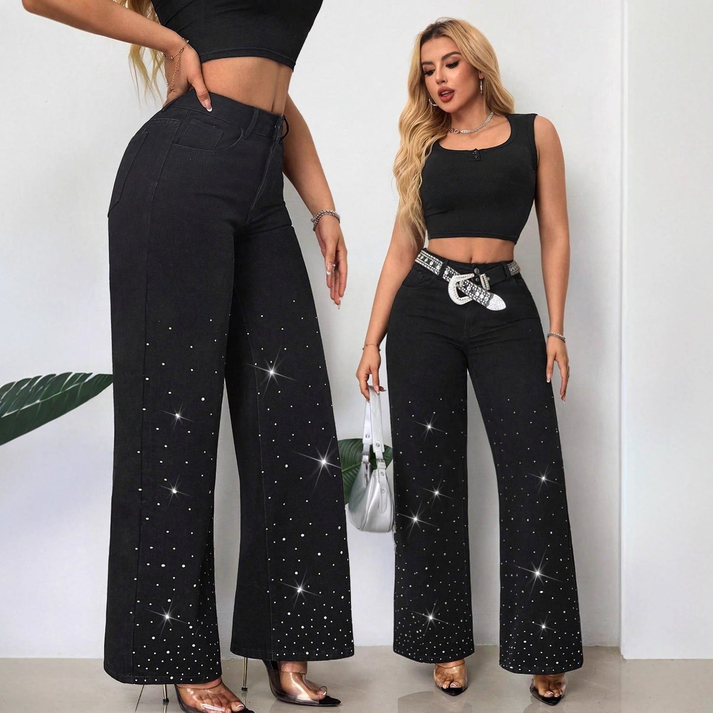Damen High-Waist Jeans Strassbesatz Weit Schnitt Schwarz - Eveloria