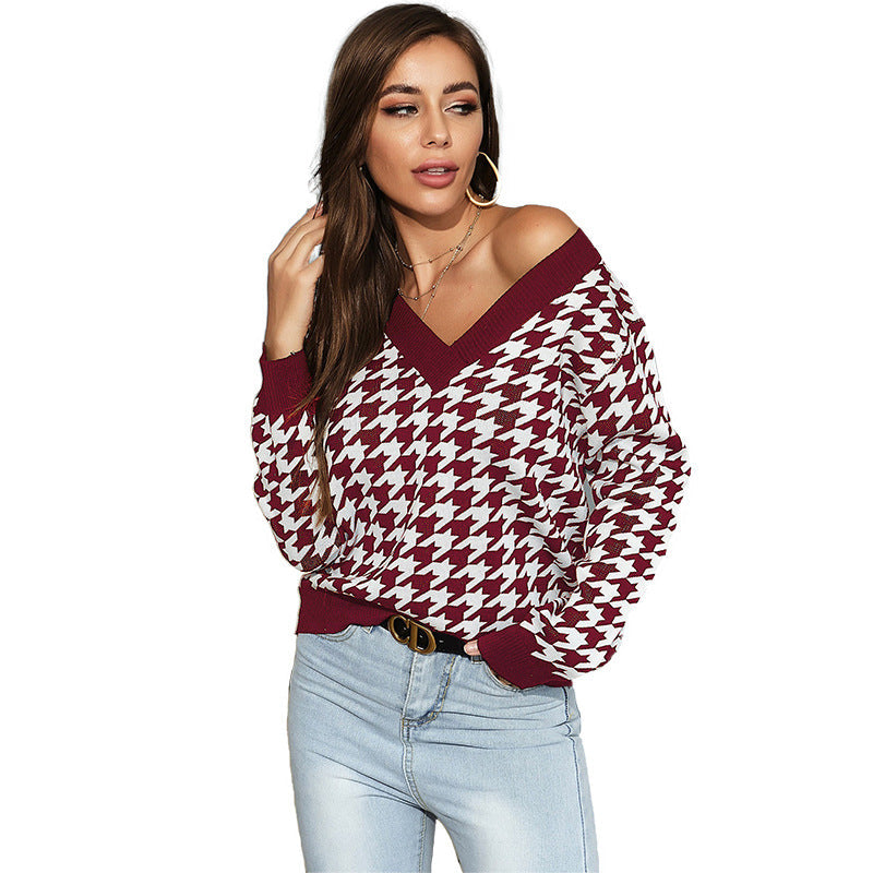 Damen Pullover V-Ausschnitt Hahnentrittmuster Eveloria