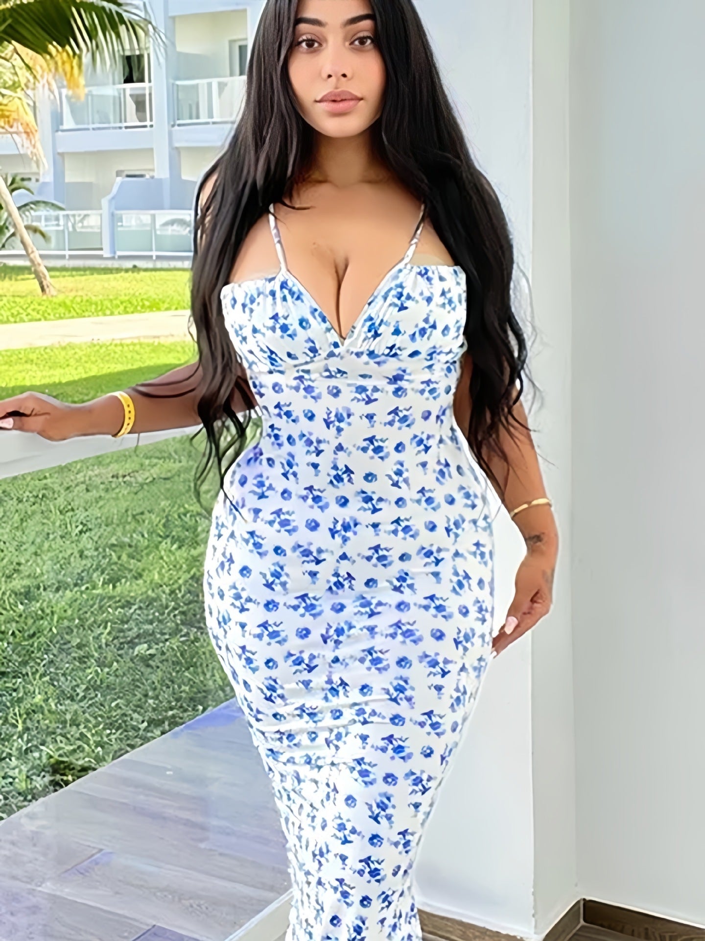 Damen Maxikleid Blumenmuster Figurbetonter Schnitt Spaghetti-Träger