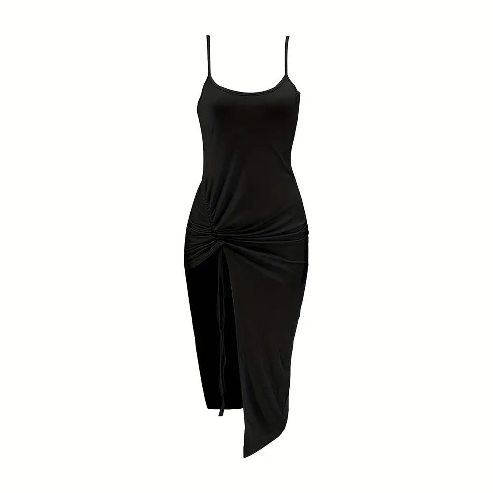 Damen Maxikleid Rüschendetail Hochschlitz Eveloria