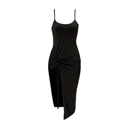 Damen Maxikleid Rüschendetail Hochschlitz Eveloria
