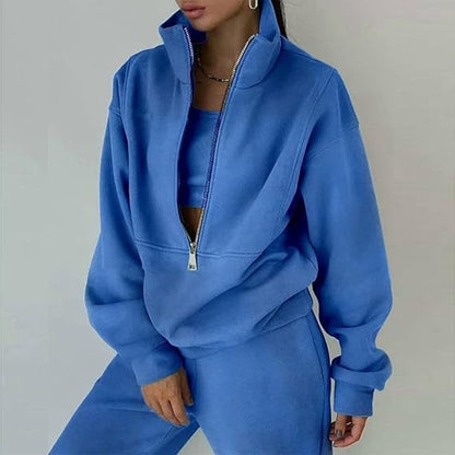 Damen Fleece-Pullover Hochkragen Reißverschluss Kuschelig Grau