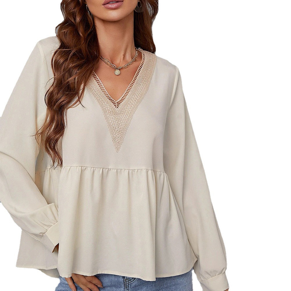 Damen Bluse Spitze Ärmel Elegant Weiß