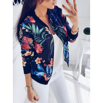 Damen Bomberjacke Florales Design Reißverschluss Eveloria