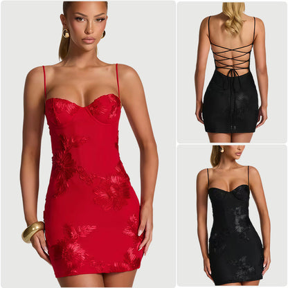 Damen Minikleid Bodycon Floralmuster Spitze Trägerlos Schwarz - Eveloria