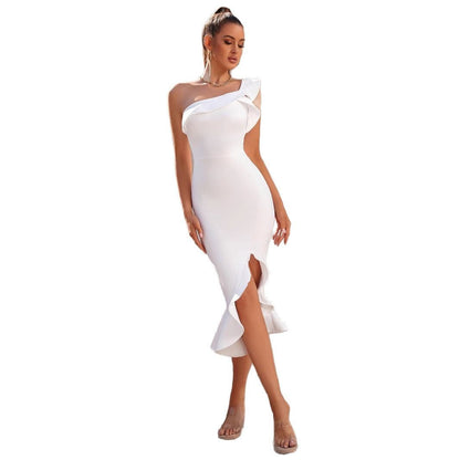 Damen Midi-Kleid Asymmetrisch Volant Schlitz Eveloria