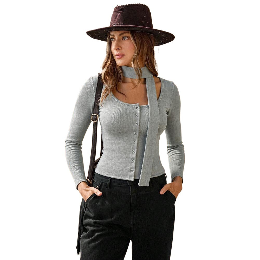Damen Langarmshirt V-Ausschnitt Knöpfe Baumwolle Weiß