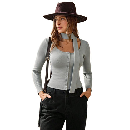 Damen Langarmshirt V-Ausschnitt Knöpfe Baumwolle Weiß