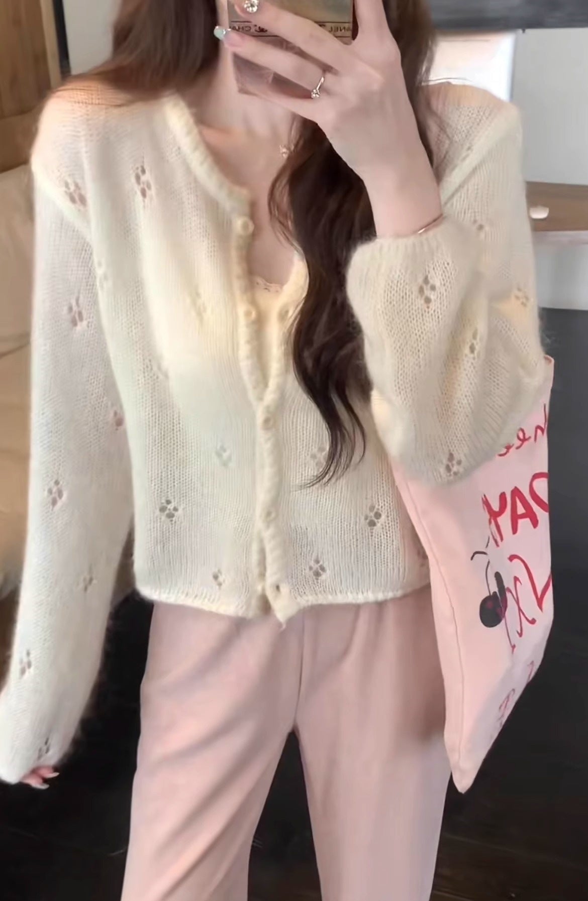 Damen Strickjacke Blütenmuster Elegant Knöpfe Beige