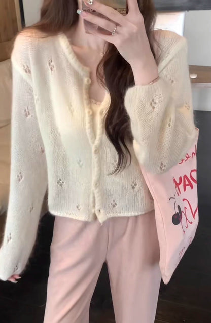 Damen Strickjacke Blütenmuster Elegant Knöpfe Beige