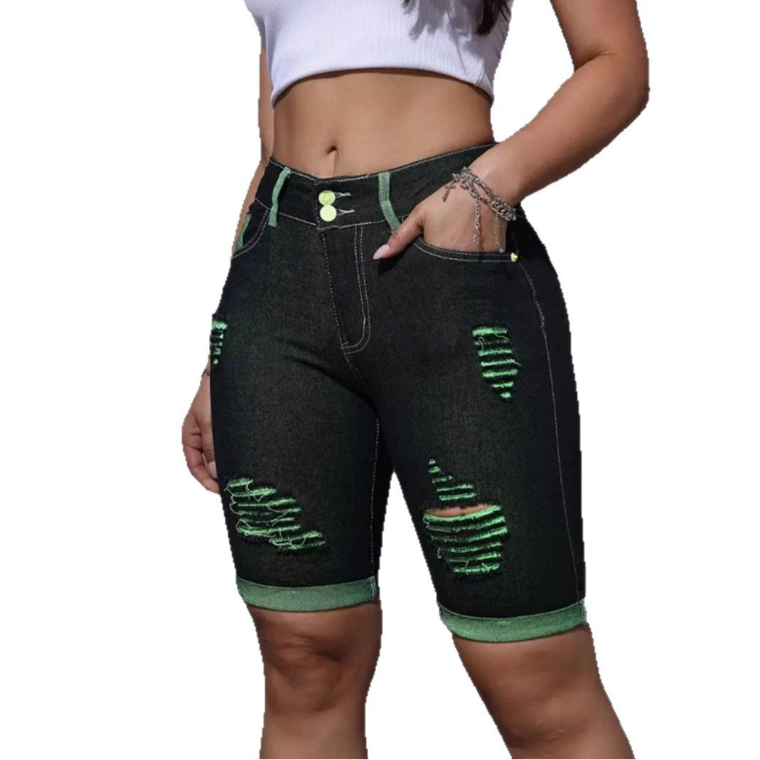 Damen Highwaist Destroyed Denim Shorts Neonfarben