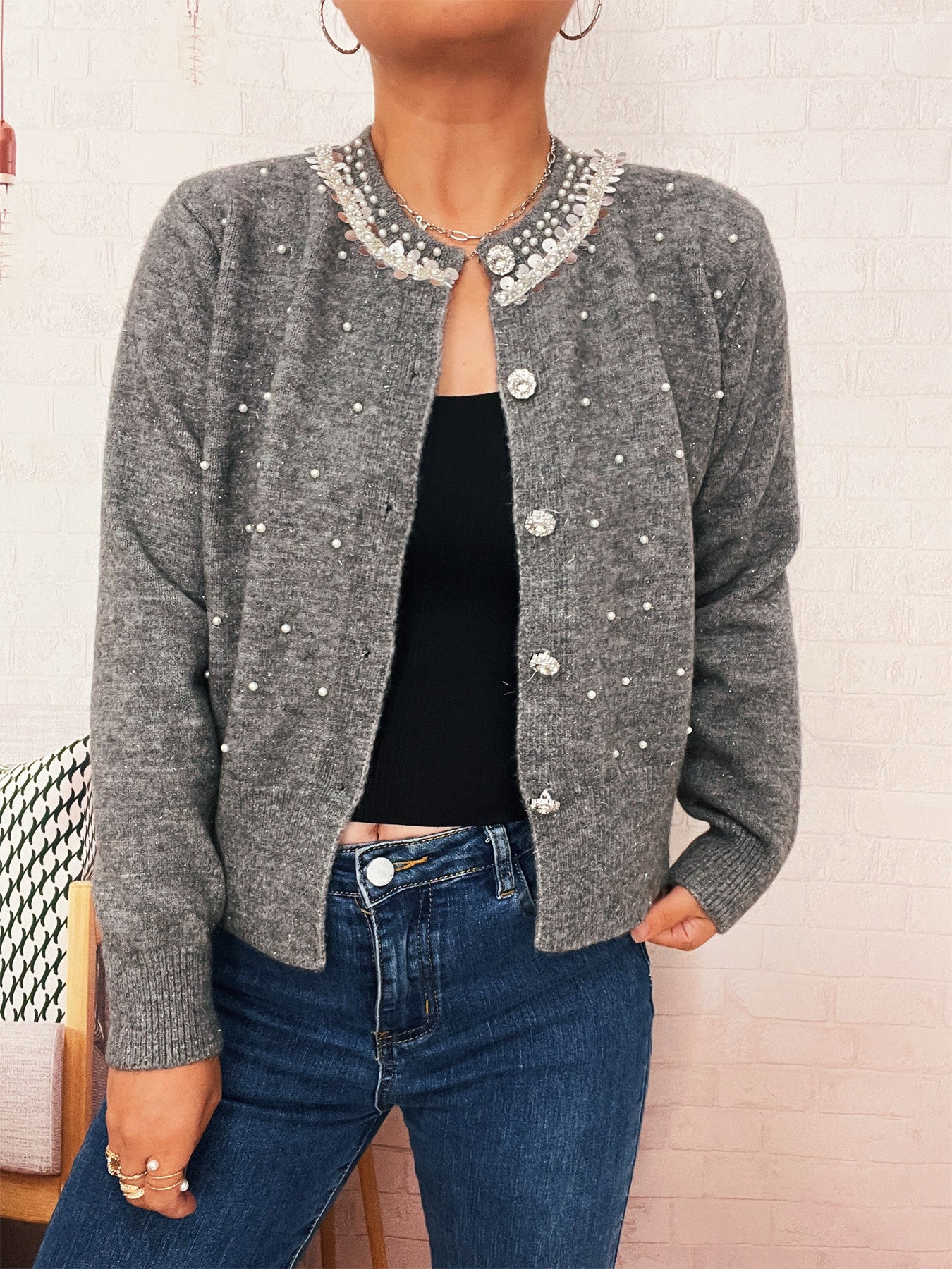 Damen Strickjacke Perlenbesatz Eveloria