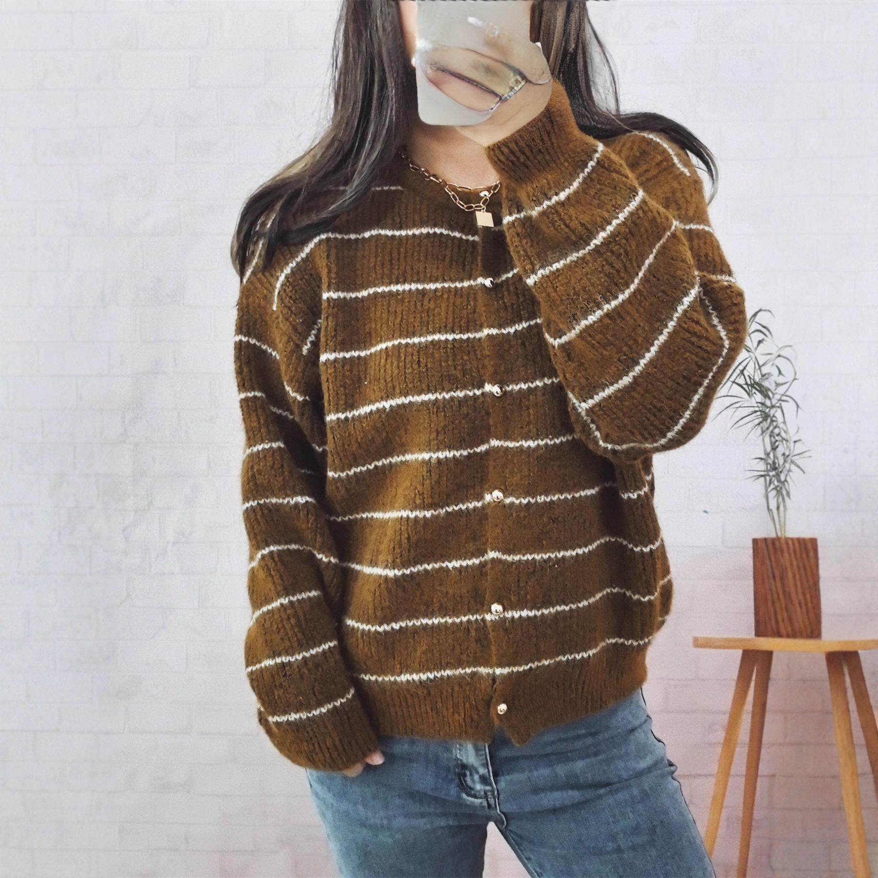 Damen Strickcardigan mit Knöpfen Streifenmuster Beige - Eveloria