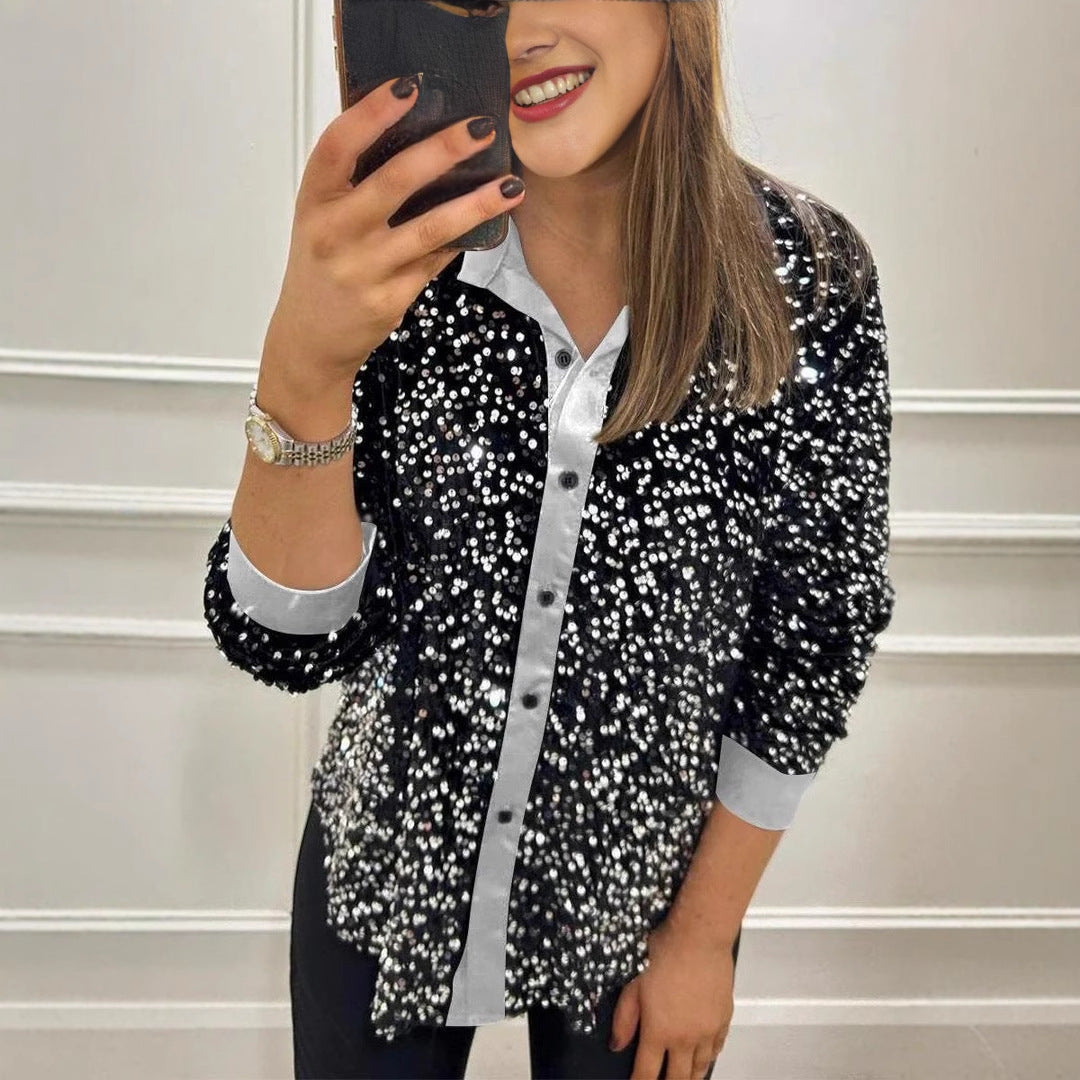 Damen Paillettenbluse Klassischer Kragen Glitzer Effekt - Eveloria