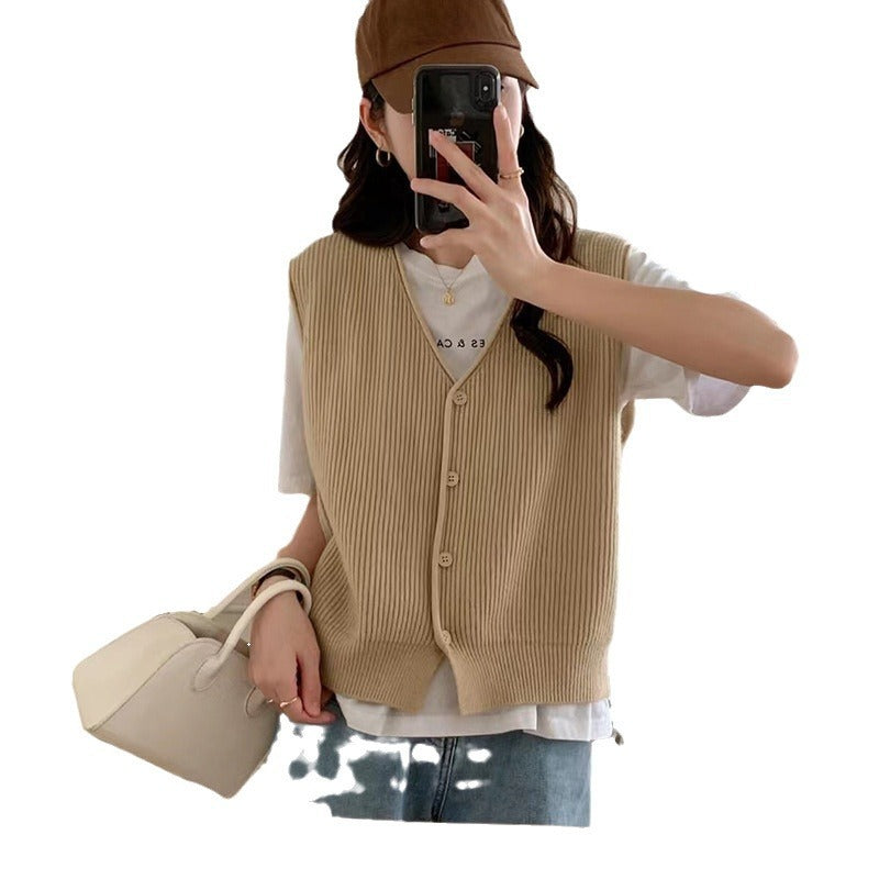 Damen Strickweste Feine Rippenstruktur Klassische Knöpfe Beige