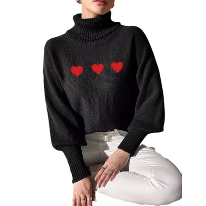 Damen Pullover Hochkragen Herzapplikationen Eveloria